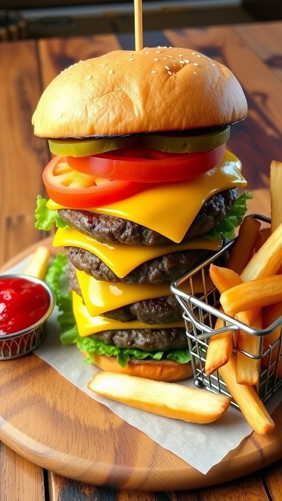 A delicious cheeseburger with lettuce, tomato, cheese, served with crispy fries and ketchup on a wooden table.